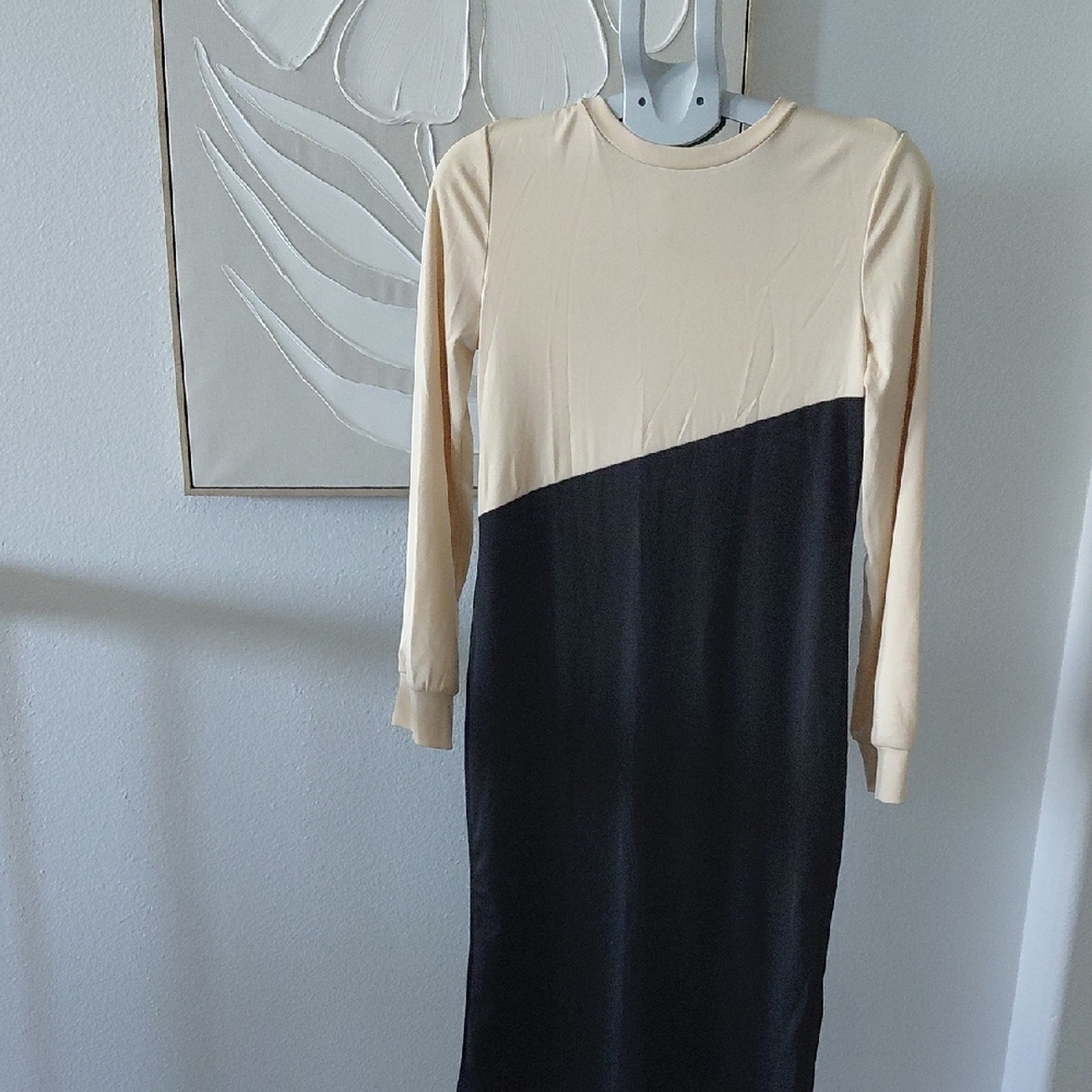Elegant Black and Cream Long Sleeve Dress